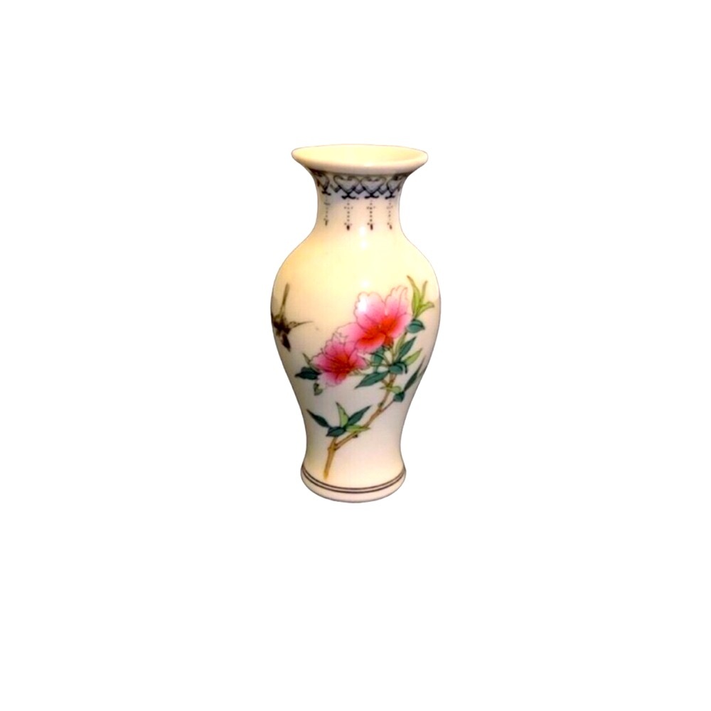 Vintage Small White Porcelain Hand Painted Floral Chinese Bud Vase Home Decor